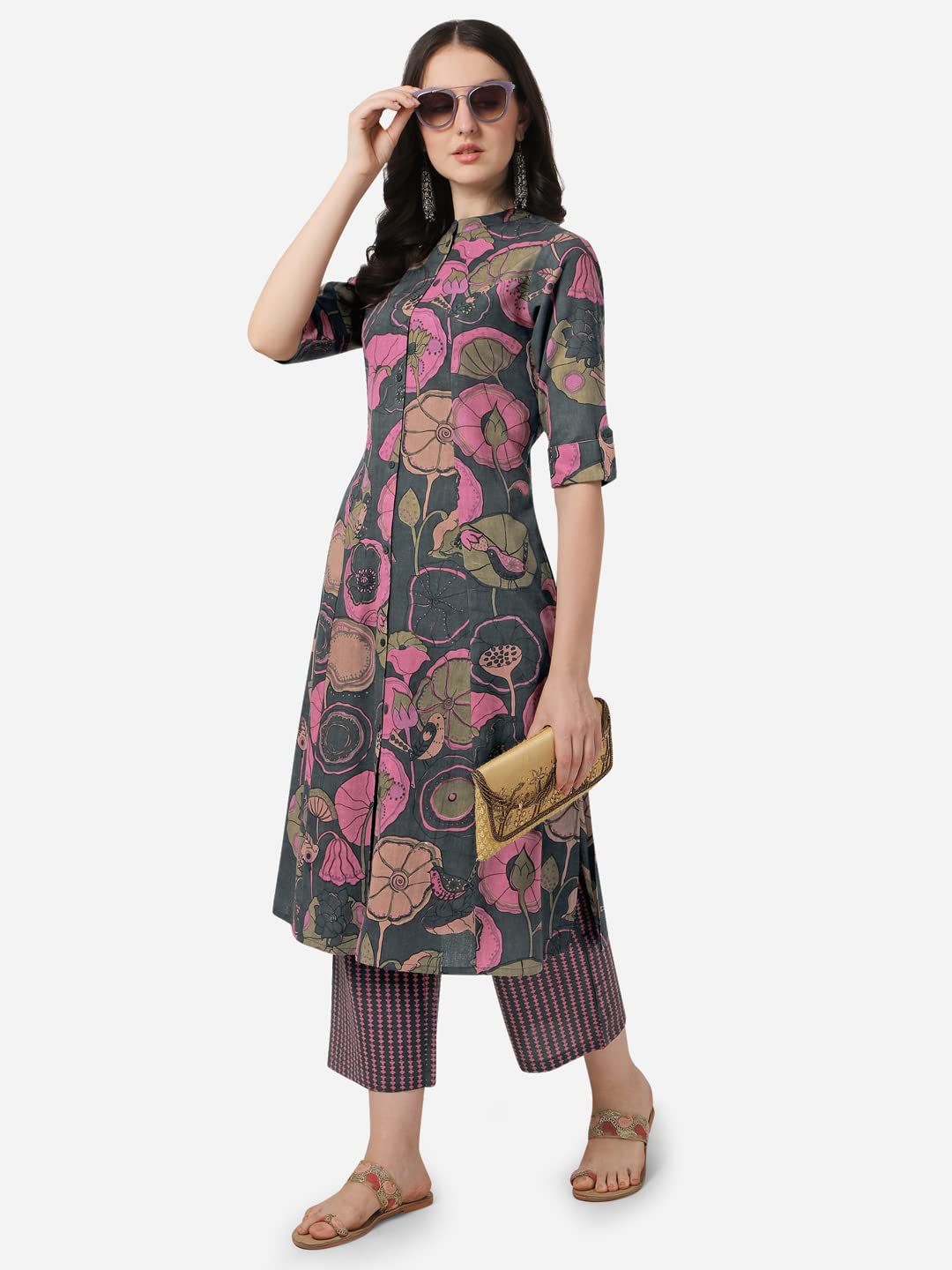 MIRCHI FASHION Women's Cotton Bagru Printed A-Line Kurta Set with Plazzo Pant L Grey, Pink