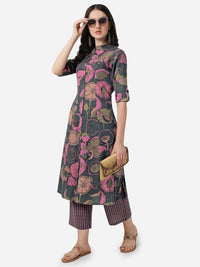 MIRCHI FASHION Women's Cotton Bagru Printed A-Line Kurta Set with Plazzo Pant L Grey, Pink