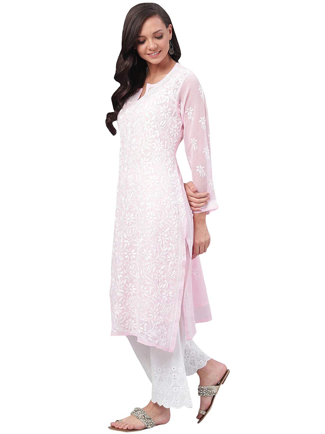 Ada Hand Embroidered Women's Georgette Lucknowi Chikankari Kurta with Slip A90397 White