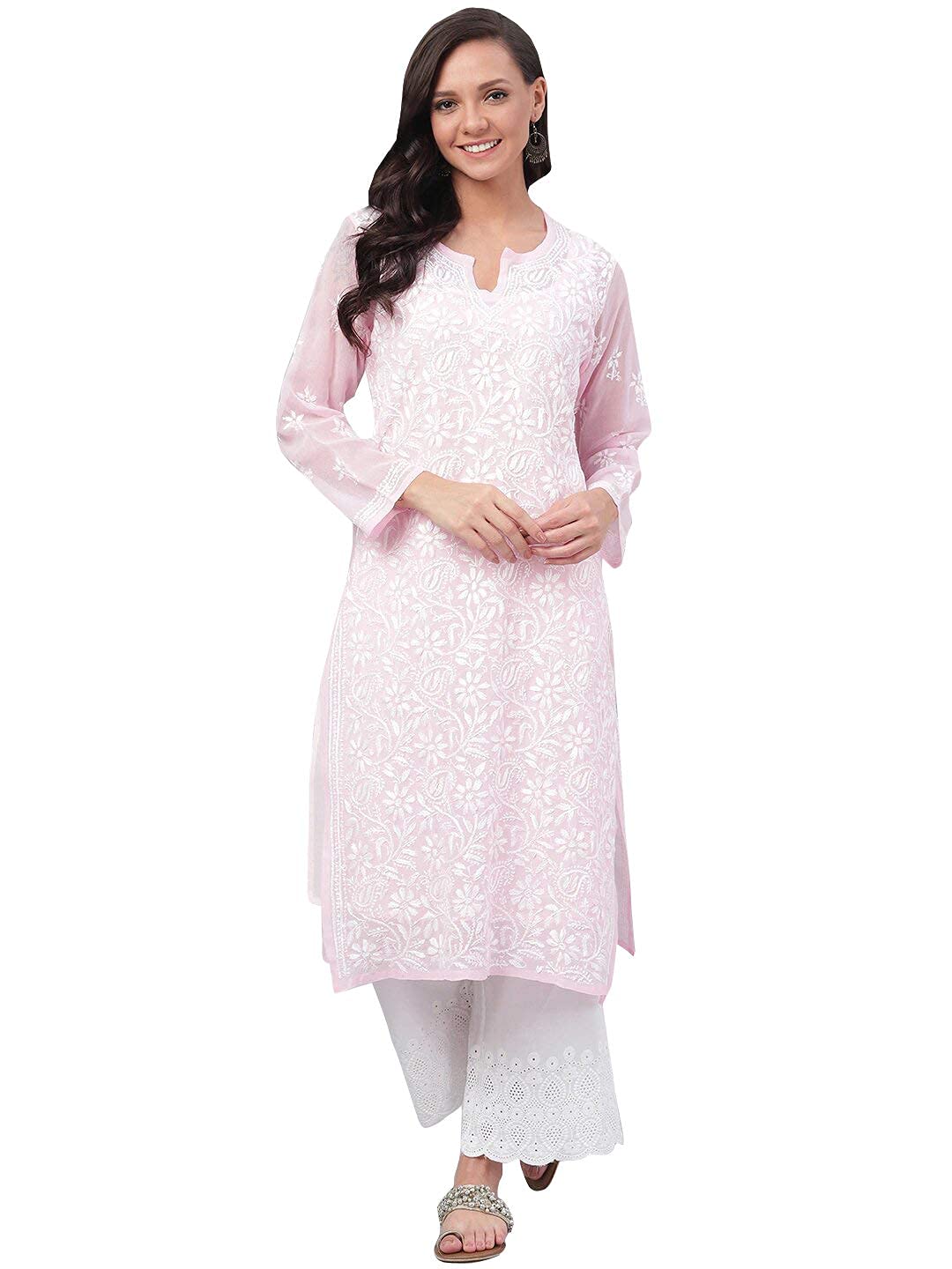 Ada Hand Embroidered Women's Georgette Lucknowi Chikankari Kurta with Slip A90397 White