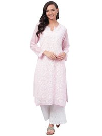 Ada Hand Embroidered Women's Georgette Lucknowi Chikankari Kurta with Slip A90397 White