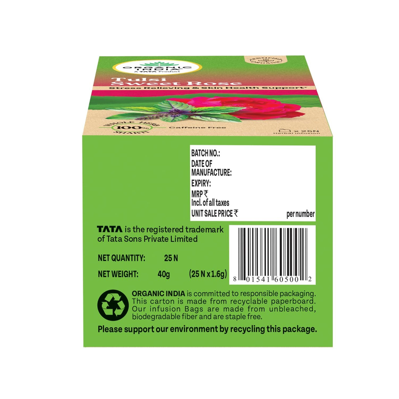 A TATA Product - Organic India Tulsi Sweet Rose - 25 Tea Bags, Stress Relieving, Supports Radiant Skin, Rich in Antioxidants, Made with Tulsi, Chamomile, and Rose Certified Organic