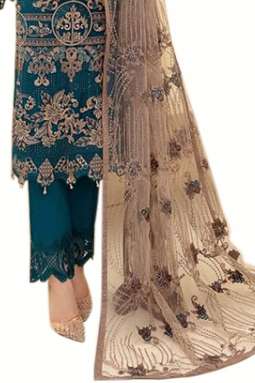 Miss Ethnik Women's Faux Georgette Semi Stitched Top With Unstitched Santoon Bottom and Net Dupatta Embroidered Straight Top Dress Material (Pakistani Salwar Suit)