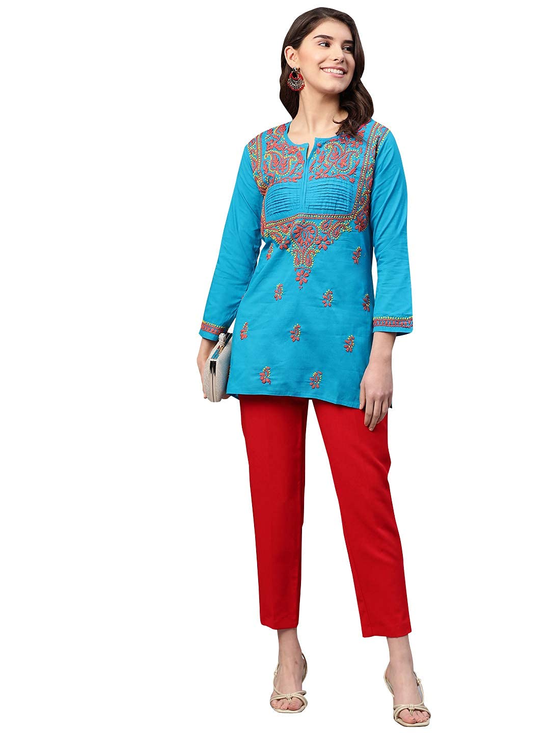 Ada Women's Cotton Top Hand Embroidered Lucknowi Chikankari Tunic Kurti