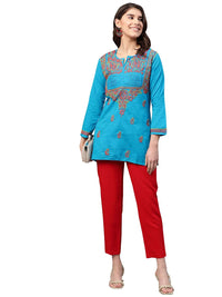 Ada Women's Cotton Top Hand Embroidered Lucknowi Chikankari Tunic Kurti