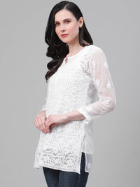 Ada Women's Hand Embroidered Lucknowi Chikankari Georgette Short Top Kurti with Slip