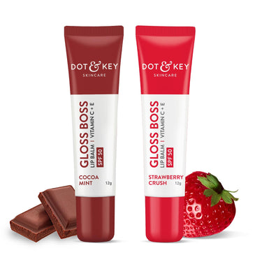 Dot & Key Gloss Boss Lip Duo | Strawberry Crush SPF 50 Lip Balm 12gm & Cocoa Mint SPF 50 Lip Balm 12gm | Sun Protected Tinted Lip Balm for Women | Fades Pigmentation | Moisturizes Dry & Flaky Lips