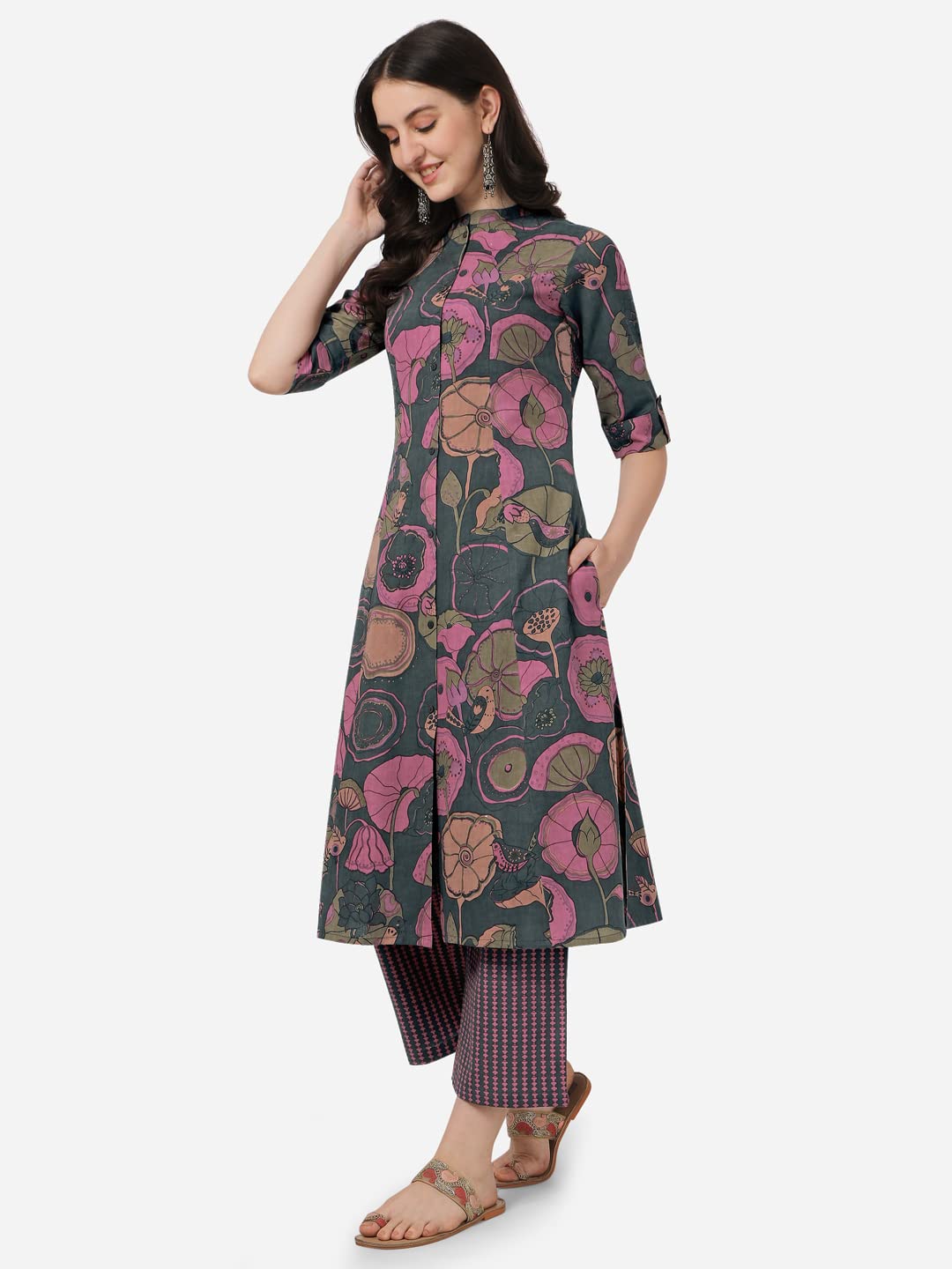 MIRCHI FASHION Women's Cotton Bagru Printed A-Line Kurta Set with Plazzo Pant L Grey, Pink