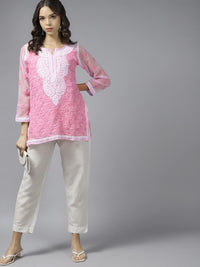 Ada Women's Hand Embroidered Lucknowi Chikankari Georgette Short Top Kurti with Slip