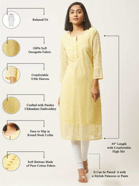 ZOLA Exclusive Georgette Round Neck with Full Sleeves and Calf Length Luckhnowi Chikan Kari Kurta with Button Placket on Yolk Ethnic Wear Straight Kurta for Women Pack of 1