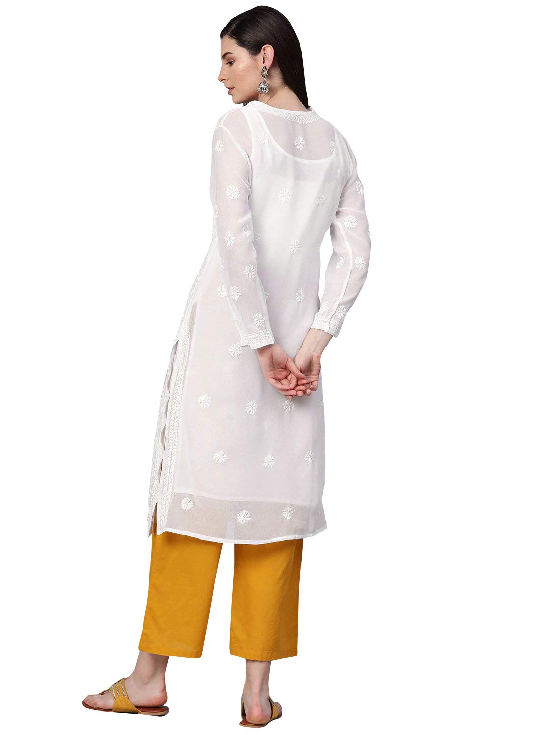 Ada Hand Embroidered Women's Georgette Lucknowi Chikankari Kurta with Slip A90397 White
