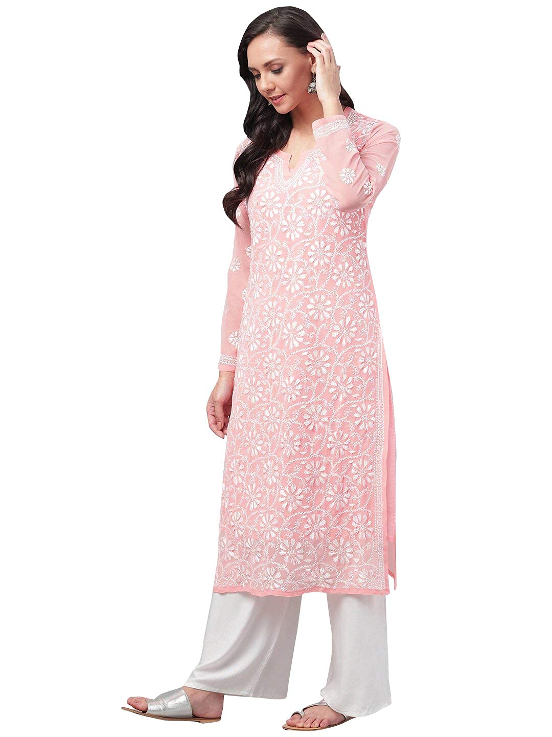 Ada Hand Embroidered Women's Georgette Lucknowi Chikankari Kurta with Slip A90397 White