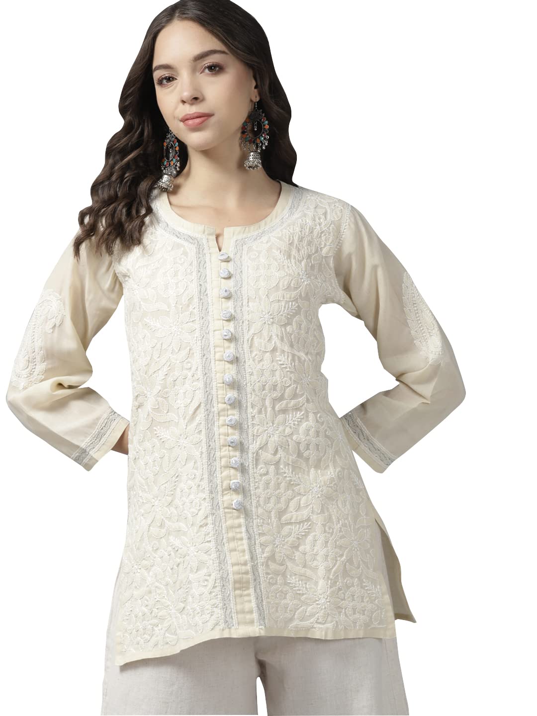 Ada Women's Hand Embroidered Lucknowi Chikankari Cotton Straight Short Top Kurti A178625