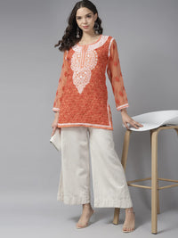 Ada Women's Hand Embroidered Lucknowi Chikankari Georgette Short Top Kurti with Slip