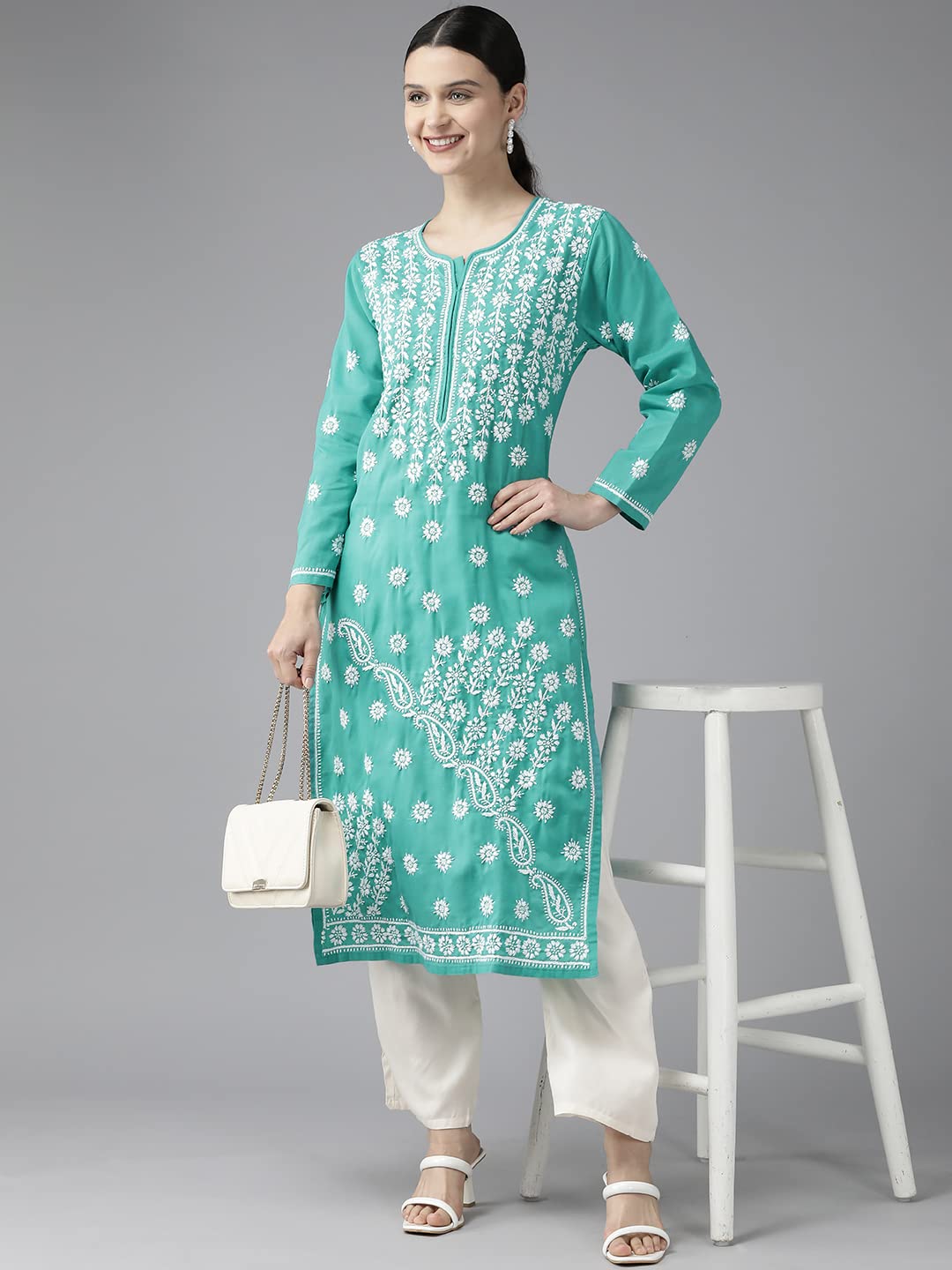 Ada Hand Embroidered Lucknowi Chikankari Ethnic Wear Cotton Kurta Kurti Tunic for Women