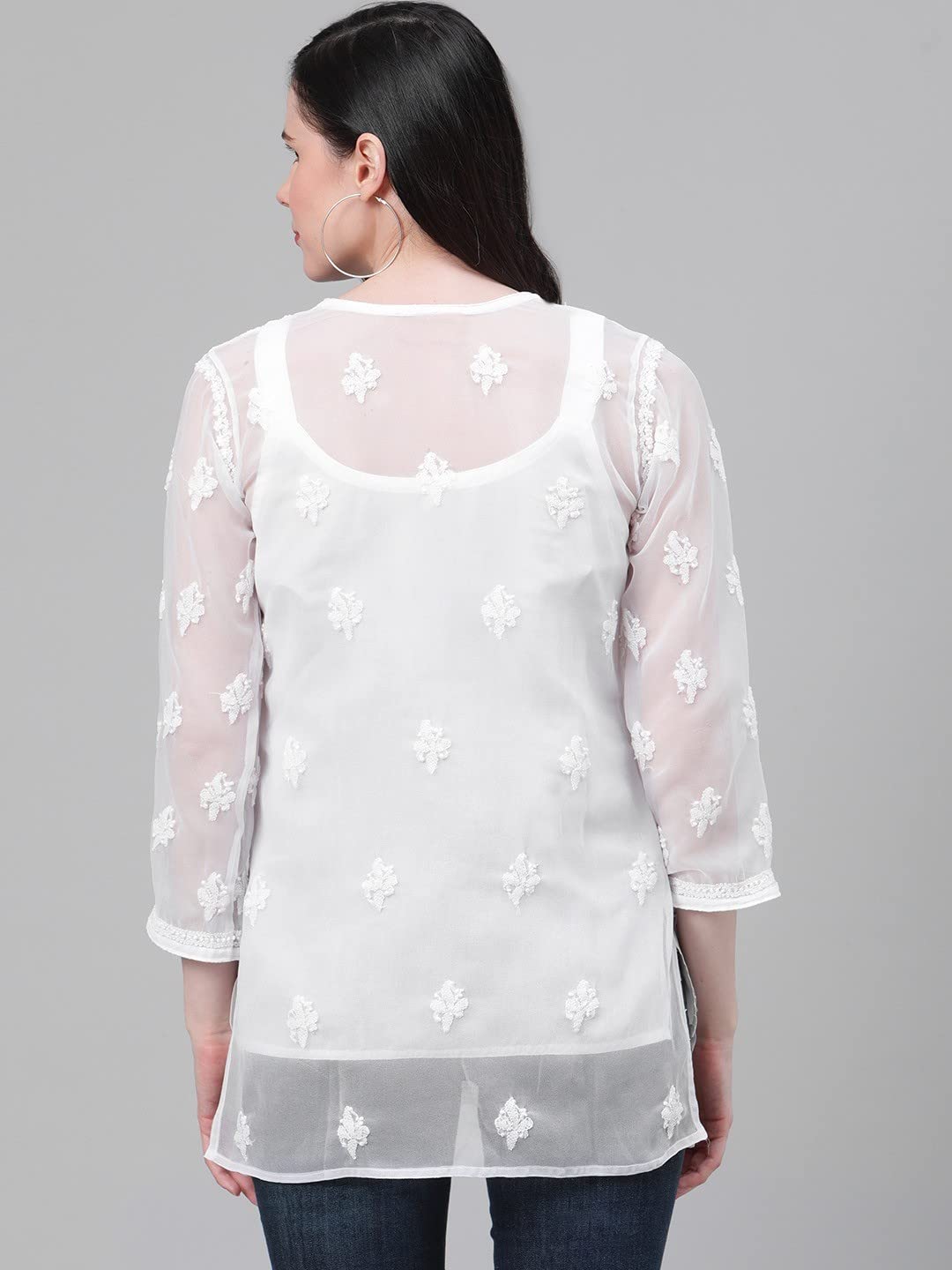 Ada Women's Hand Embroidered Lucknowi Chikankari Georgette Short Top Kurti with Slip