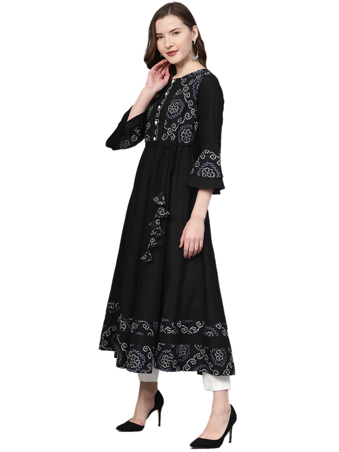 Yash Gallery Women's Cotton Slub Bandhej Printed Anarkali Kurta for Women