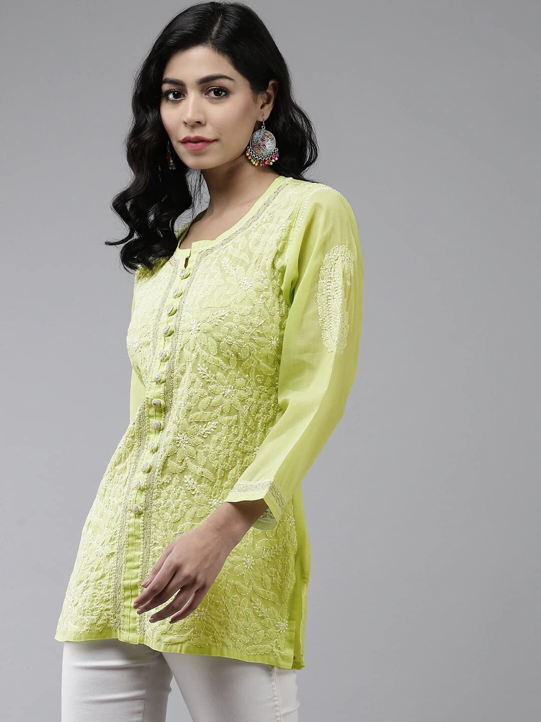 Ada Women's Hand Embroidered Lucknowi Chikankari Cotton Straight Short Top Kurti A178625