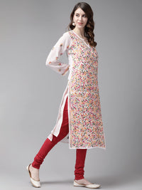 Ada Hand Embroidered Women's Georgette Lucknowi Chikankari Kurta with Slip A90397 White