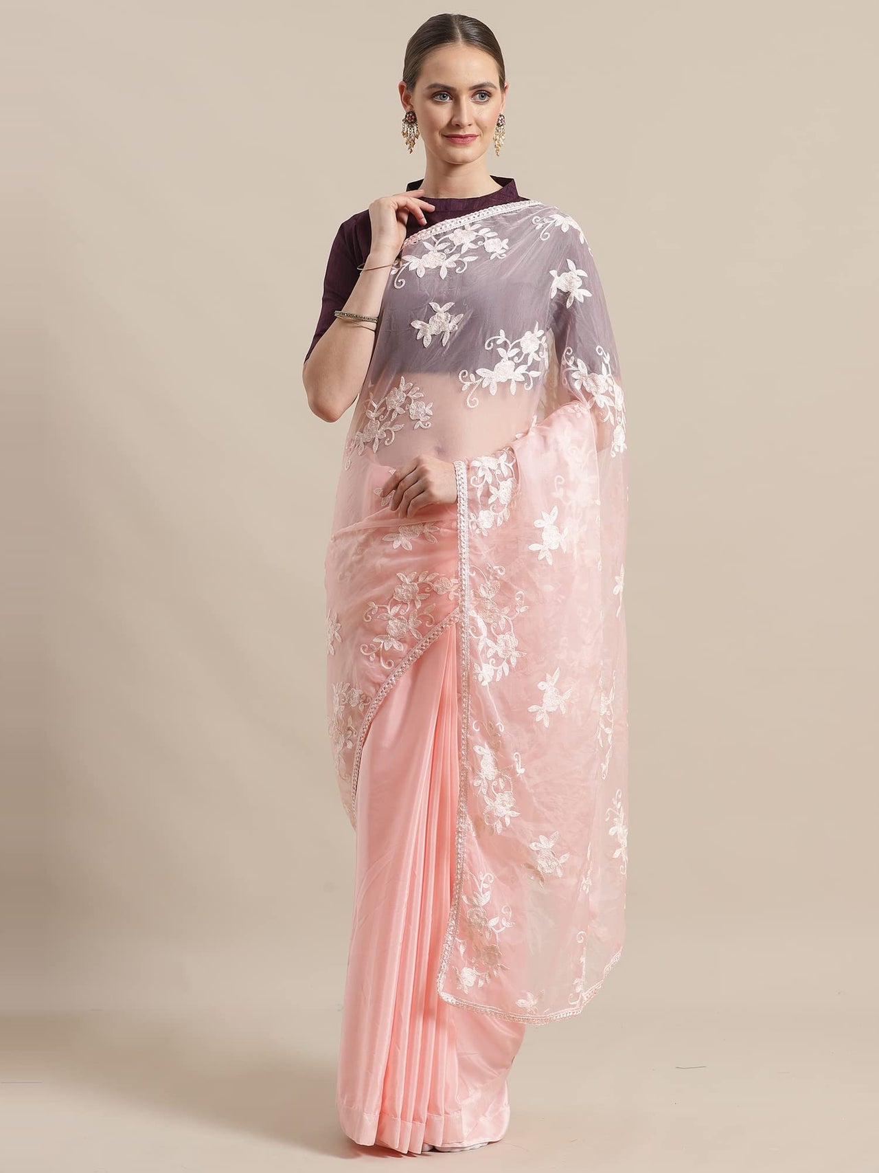 AKHILAM Women's Organza Net Embroidered Saree With Blouse Piece