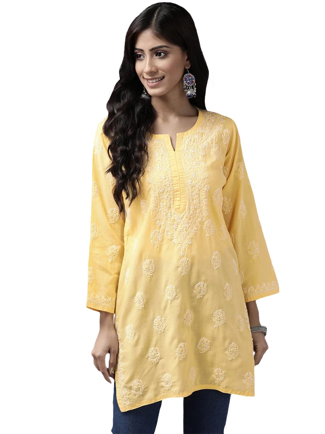 Ada Women's Cotton Top Tunic Hand Embroidered Lucknowi Chikankari Short Kurti