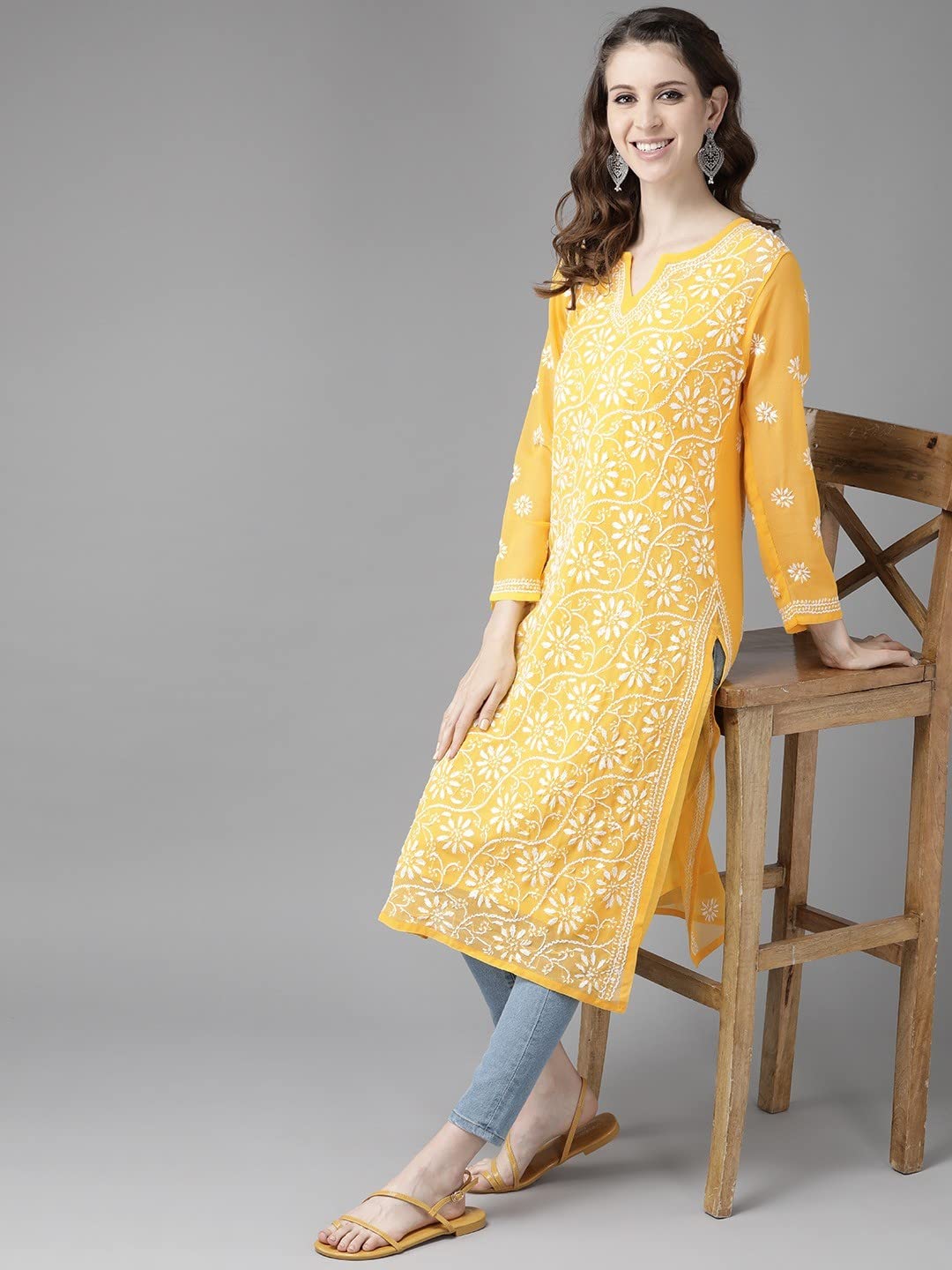 Ada Hand Embroidered Women's Georgette Lucknowi Chikankari Kurta with Slip A90397 White