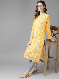 Ada Hand Embroidered Women's Georgette Lucknowi Chikankari Kurta with Slip A90397 White