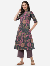 MIRCHI FASHION Women's Cotton Bagru Printed A-Line Kurta Set with Plazzo Pant L Grey, Pink