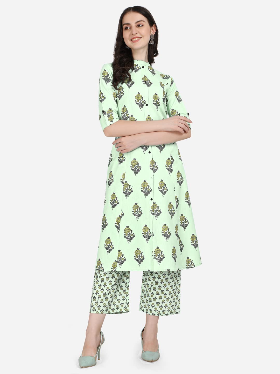 MIRCHI FASHION Women's Cotton Bagru Printed A-Line Kurta Set with Plazzo Pant L Grey, Pink