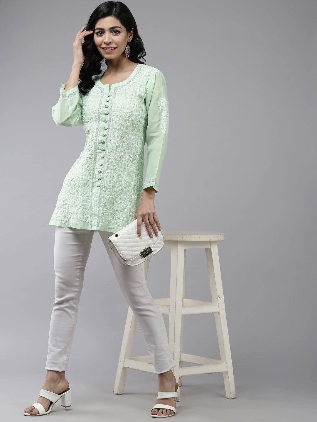 Ada Women's Hand Embroidered Lucknowi Chikankari Cotton Straight Short Top Kurti A178625