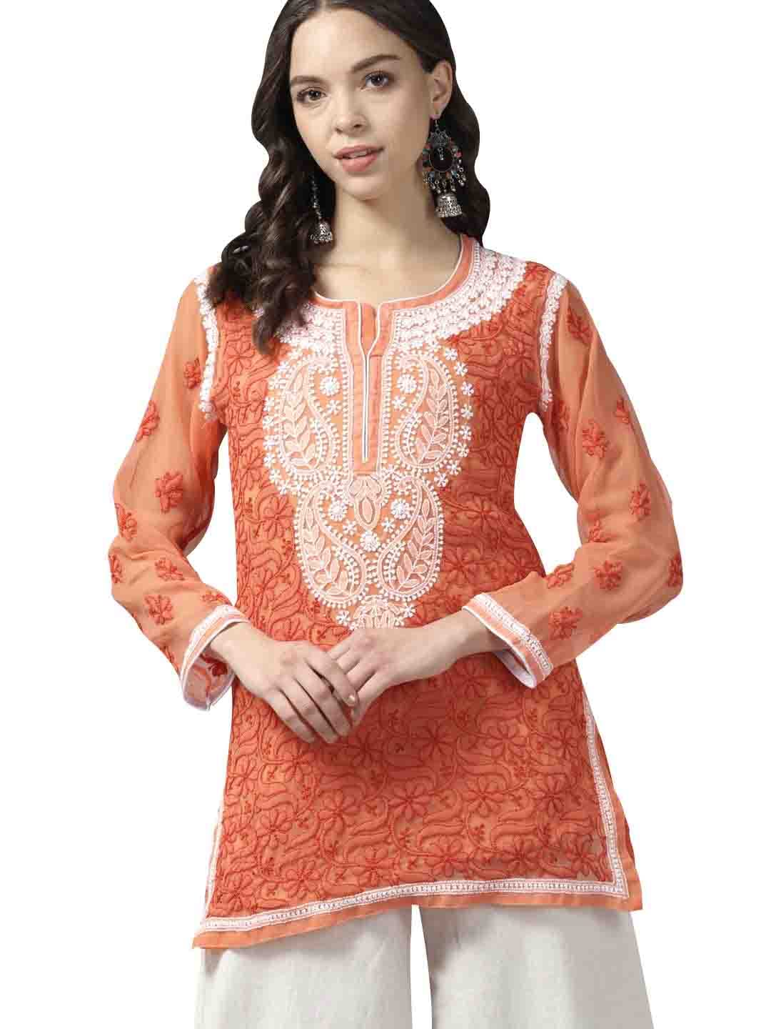 Ada Women's Hand Embroidered Lucknowi Chikankari Georgette Short Top Kurti with Slip