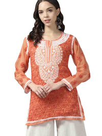 Ada Women's Hand Embroidered Lucknowi Chikankari Georgette Short Top Kurti with Slip