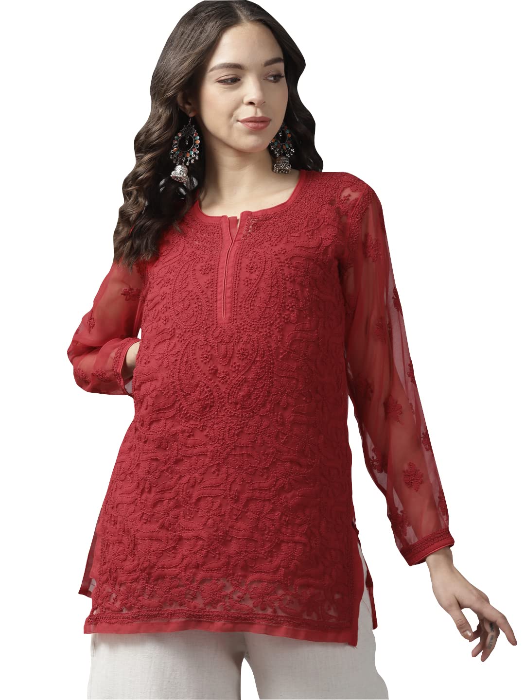 Ada Women's Hand Embroidered Lucknowi Chikankari Georgette Short Top Kurti with Slip