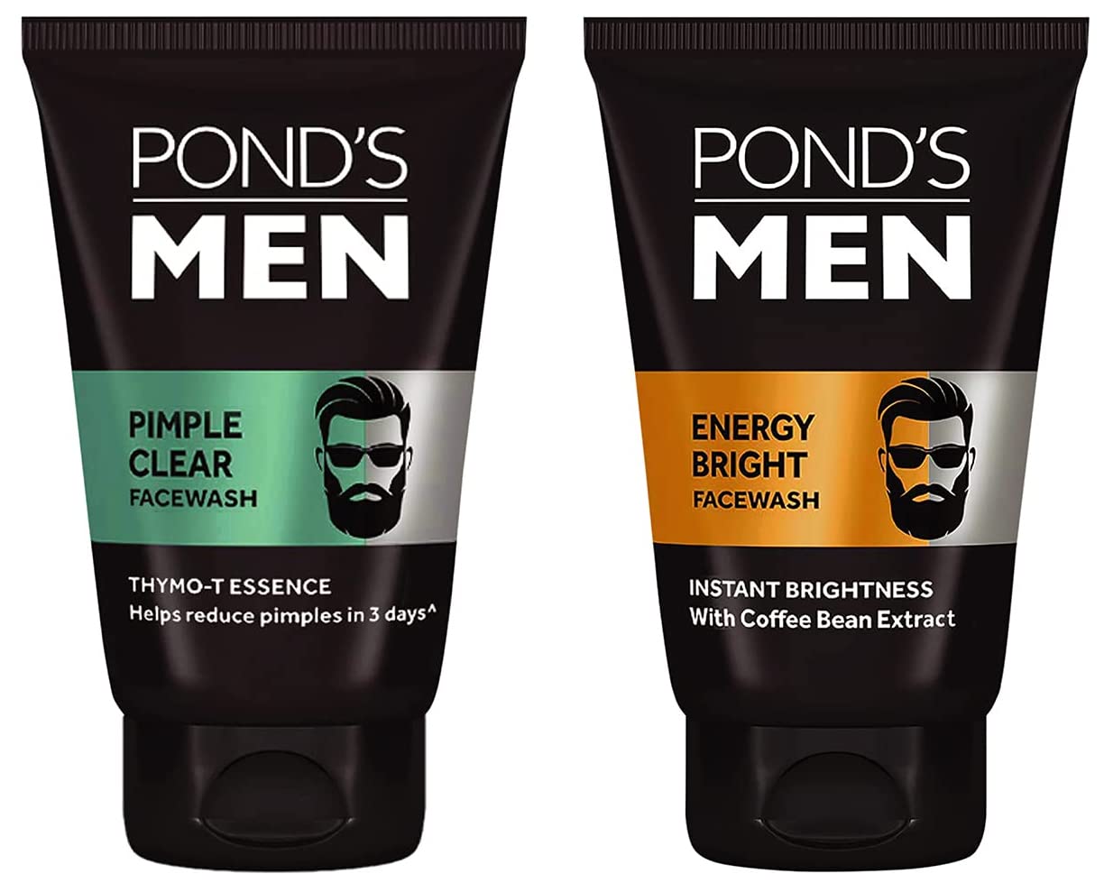 POND's Men Pimple Clear Facewash Reduces Pimples In 3 Days, 100 G & Men's Energy Bright Face Wash Coffee Beans Bright Skin, 100G