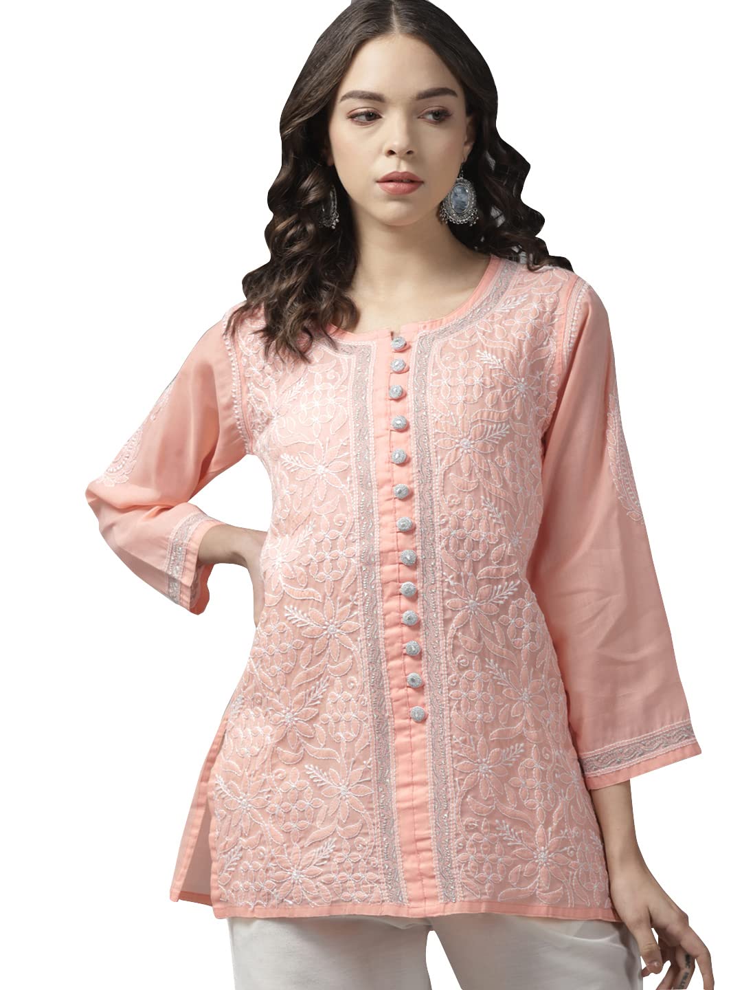 Ada Women's Hand Embroidered Lucknowi Chikankari Cotton Straight Short Top Kurti A178625