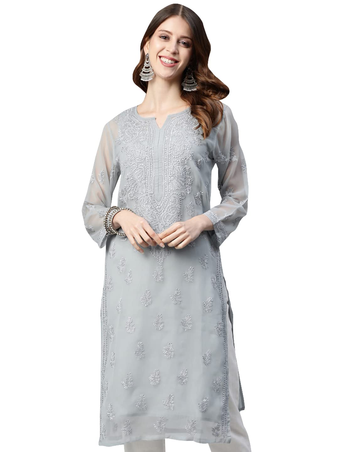 Ada Lucknowi Hand Embroidered Chikankari Women's Georgette Kurta Kurti with Slip