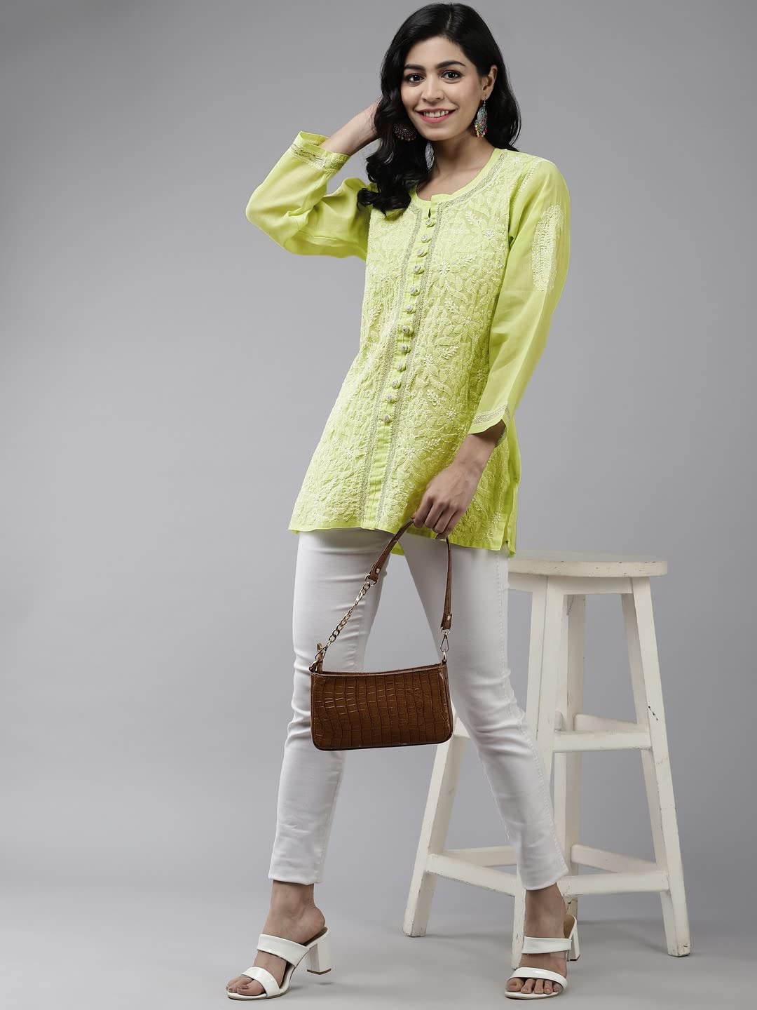 Ada Women's Hand Embroidered Lucknowi Chikankari Cotton Straight Short Top Kurti A178625
