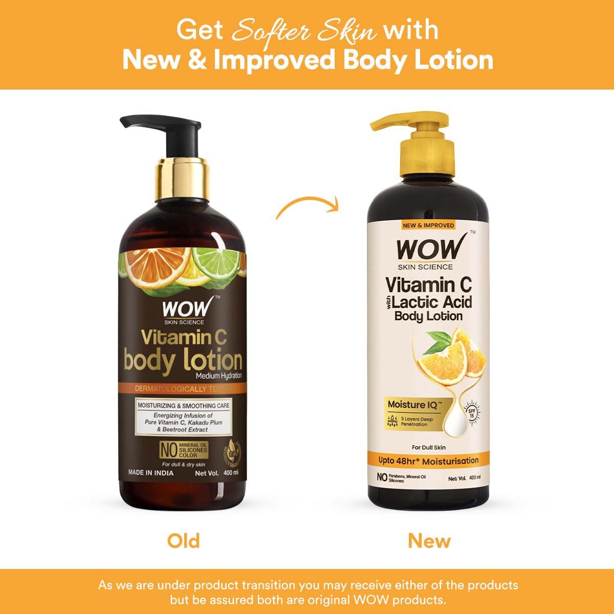 WOW Skin Science Vitamin C Body Lotion - Non Sticky & Non Greasy - Moisturising & Smoothening Care - with Vitamin C, Kakadu Plum - No Mineral Oil, Silicones & Color - 400mL
