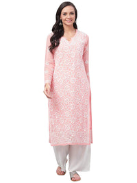 Ada Hand Embroidered Women's Georgette Lucknowi Chikankari Kurta with Slip A90397 White
