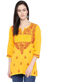 Ada Women's Cotton Top Hand Embroidered Lucknowi Chikankari Tunic Kurti