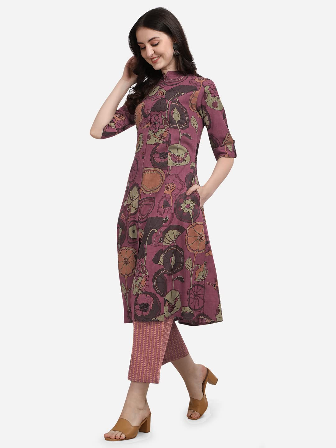 MIRCHI FASHION Women's Cotton Bagru Printed A-Line Kurta Set with Plazzo Pant L Grey, Pink