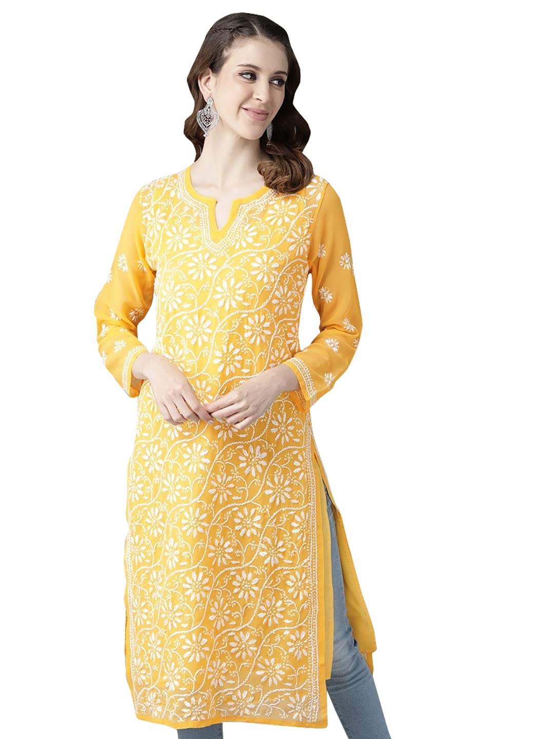 Ada Hand Embroidered Women's Georgette Lucknowi Chikankari Kurta with Slip A90397 White