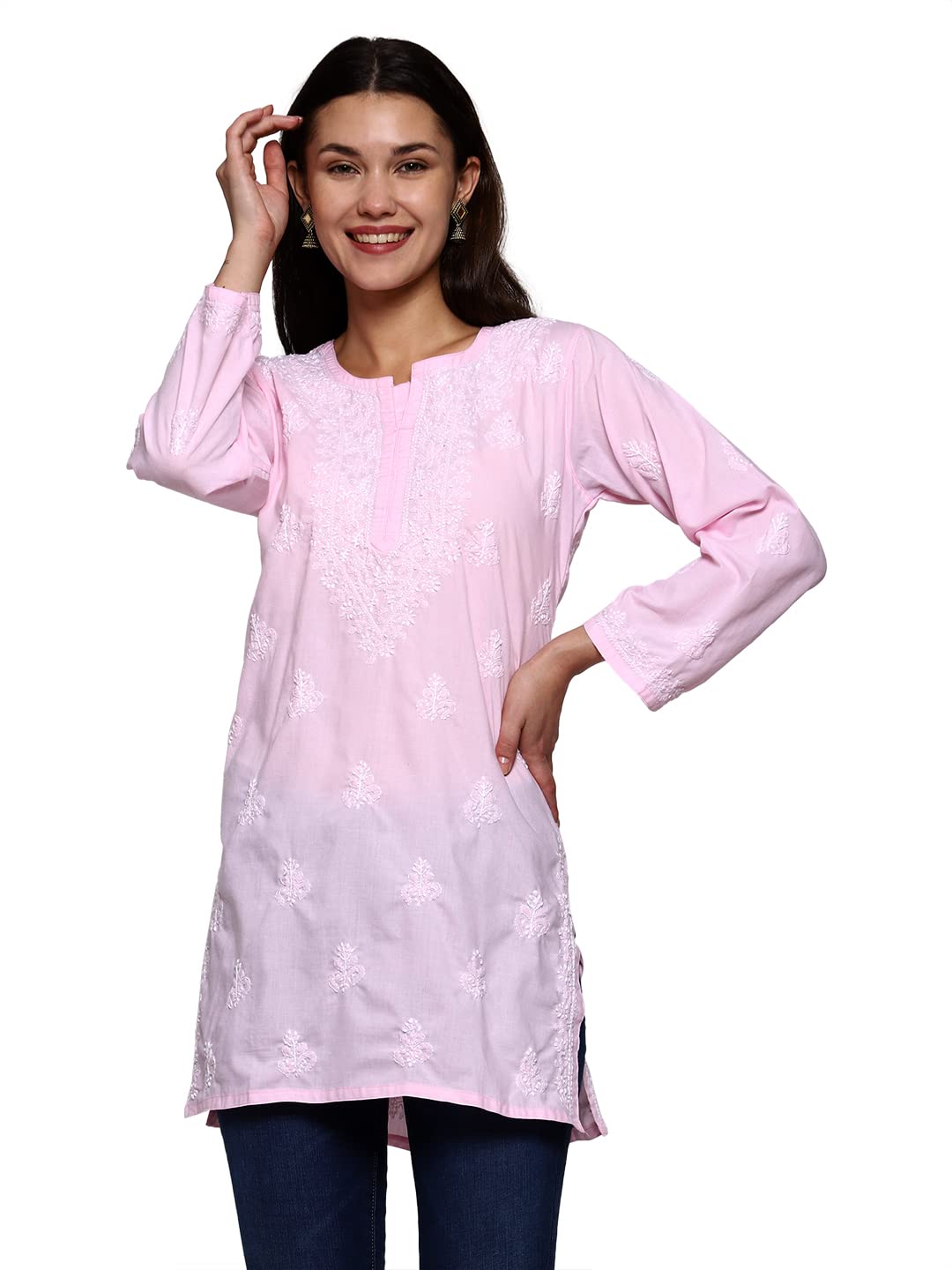 Ada Women's Cotton Top Tunic Hand Embroidered Lucknowi Chikankari Short Kurti