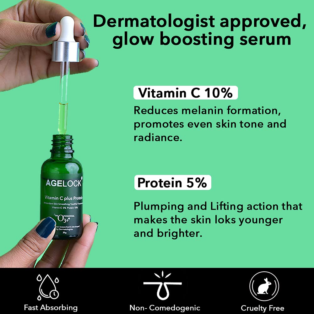 O3+ Agelock Vitamin C Protein Serum Antioxidant Anti-ageing Fine Lines & Wrinkle Removal Skin Smoothing for All Skin Types, 30g