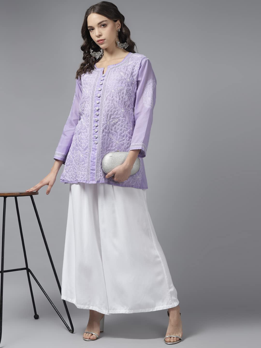 Ada Women's Hand Embroidered Lucknowi Chikankari Cotton Straight Short Top Kurti A178625