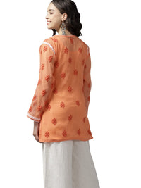 Ada Women's Hand Embroidered Lucknowi Chikankari Georgette Short Top Kurti with Slip