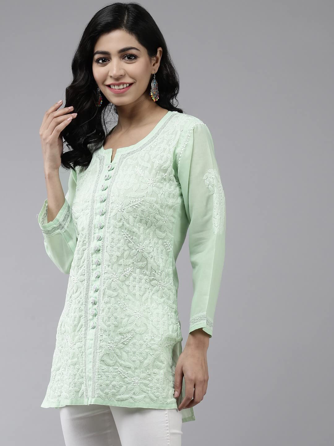 Ada Women's Hand Embroidered Lucknowi Chikankari Cotton Straight Short Top Kurti A178625