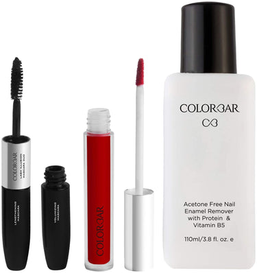 Colorbar Duo Mascara, Carbon Black, 4ml & Colorbar Nail Polish Remover, 110ml & Colorbar Sindoor, Red, 3.8ml