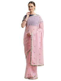 AKHILAM Women's Organza Net Embroidered Saree With Blouse Piece