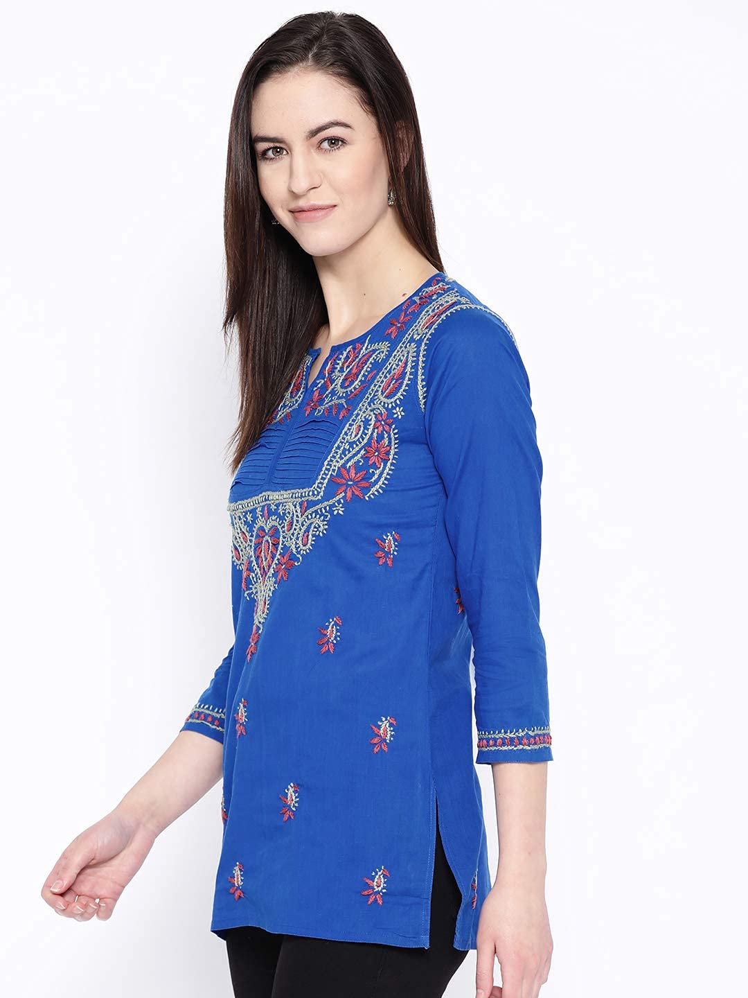Ada Women's Cotton Top Hand Embroidered Lucknowi Chikankari Tunic Kurti